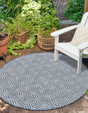 Blue 4' 1 x 4' 1 Outdoor Trellis Round Area Rug Weather Resistant for Patio, Deck, Terrace, Balcony, Porch Geometric Design Water Safe Outside Carpet for Sale at Rug Engine
