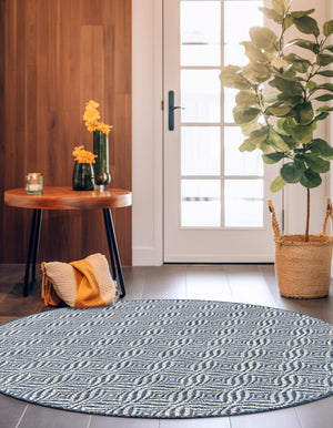 Blue 4' 1 x 4' 1 Outdoor Trellis Round Area Rug Weather Resistant for Patio, Deck, Terrace, Balcony, Porch Geometric Design Water Safe Outside Carpet for Sale at Rug Engine