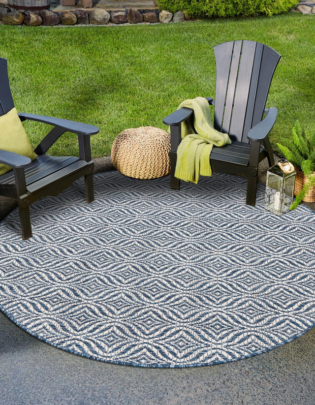 Blue 4' 1 x 4' 1 Outdoor Trellis Round Area Rug Weather Resistant for Patio, Deck, Terrace, Balcony, Porch Geometric Design Water Safe Outside Carpet for Sale at Rug Engine