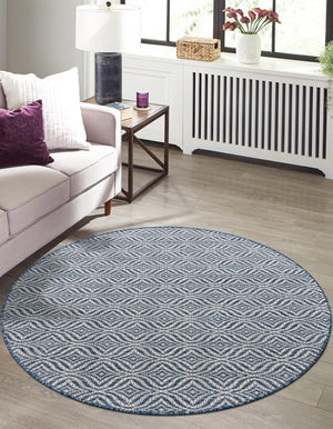 Blue 4' 1 x 4' 1 Outdoor Trellis Round Area Rug Weather Resistant for Patio, Deck, Terrace, Balcony, Porch Geometric Design Water Safe Outside Carpet for Sale at Rug Engine