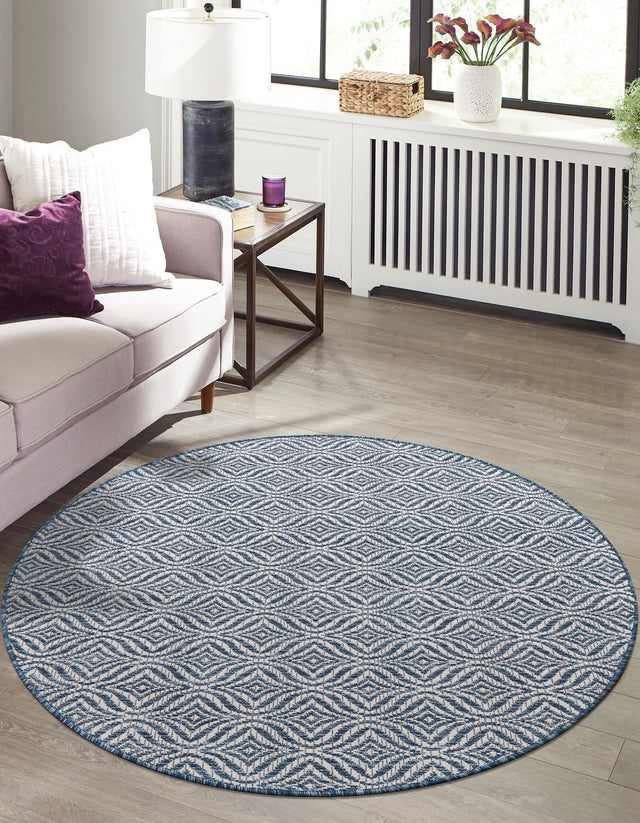 Blue 4' 1 x 4' 1 Outdoor Trellis Round Area Rug Weather Resistant for Patio, Deck, Terrace, Balcony, Porch Geometric Design Water Safe Outside Carpet for Sale at Rug Engine