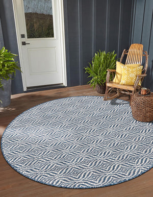 Blue 4' 1 x 4' 1 Outdoor Trellis Round Area Rug Weather Resistant for Patio, Deck, Terrace, Balcony, Porch Geometric Design Water Safe Outside Carpet for Sale at Rug Engine
