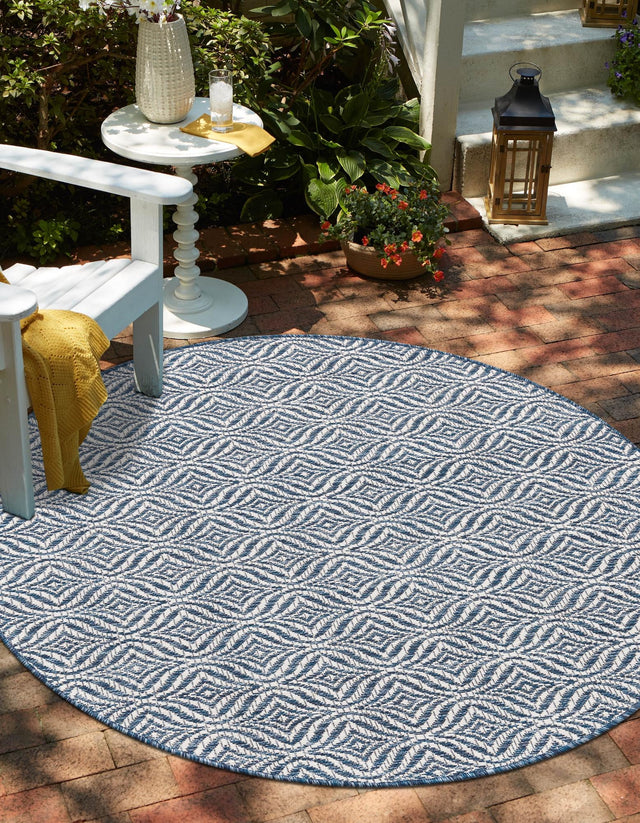 Blue 4' 1 x 4' 1 Outdoor Trellis Round Area Rug Weather Resistant for Patio, Deck, Terrace, Balcony, Porch Geometric Design Water Safe Outside Carpet for Sale at Rug Engine