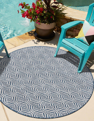 Blue 4' 1 x 4' 1 Outdoor Trellis Round Area Rug Weather Resistant for Patio, Deck, Terrace, Balcony, Porch Geometric Design Water Safe Outside Carpet for Sale at Rug Engine