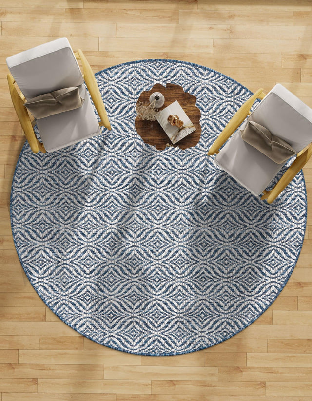 Blue 4' 1 x 4' 1 Outdoor Trellis Round Area Rug Weather Resistant for Patio, Deck, Terrace, Balcony, Porch Geometric Design Water Safe Outside Carpet for Sale at Rug Engine