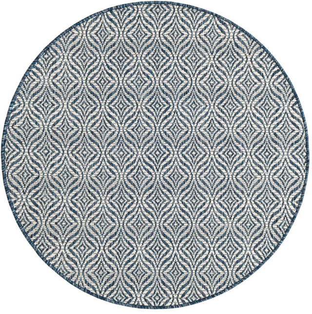 Blue 4' 1 x 4' 1 Outdoor Trellis Round Area Rug Weather Resistant for Patio, Deck, Terrace, Balcony, Porch Geometric Design Water Safe Outside Carpet for Sale at Rug Engine