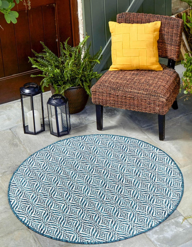 Teal 4' 1 x 4' 1 Outdoor Trellis Round Area Rug Weather Resistant for Patio, Deck, Terrace, Balcony, Porch Geometric Design Water Safe Outside Carpet for Sale at Rug Engine