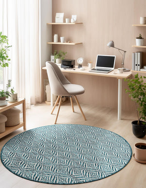 Teal 4' 1 x 4' 1 Outdoor Trellis Round Area Rug Weather Resistant for Patio, Deck, Terrace, Balcony, Porch Geometric Design Water Safe Outside Carpet for Sale at Rug Engine