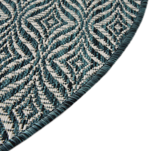 Teal 4' 1 x 4' 1 Outdoor Trellis Round Area Rug Weather Resistant for Patio, Deck, Terrace, Balcony, Porch Geometric Design Water Safe Outside Carpet for Sale at Rug Engine