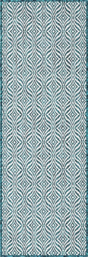 Teal 2' x 6' 1 Outdoor Trellis Runner Area Rug Weather Resistant for Patio, Deck, Terrace, Balcony, Porch Geometric Design Water Safe Outside Carpet for Sale at Rug Engine