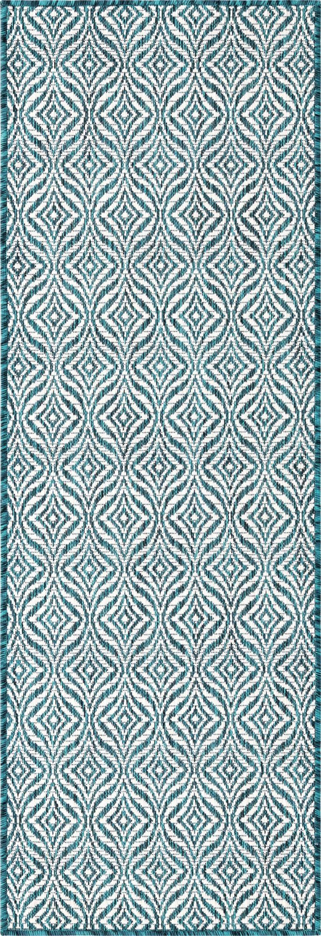 Teal 2' x 6' 1 Outdoor Trellis Runner Area Rug Weather Resistant for Patio, Deck, Terrace, Balcony, Porch Geometric Design Water Safe Outside Carpet for Sale at Rug Engine