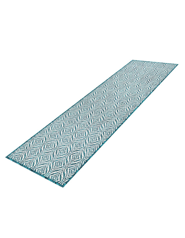 Teal 2' x 6' 1 Outdoor Trellis Runner Area Rug Weather Resistant for Patio, Deck, Terrace, Balcony, Porch Geometric Design Water Safe Outside Carpet for Sale at Rug Engine