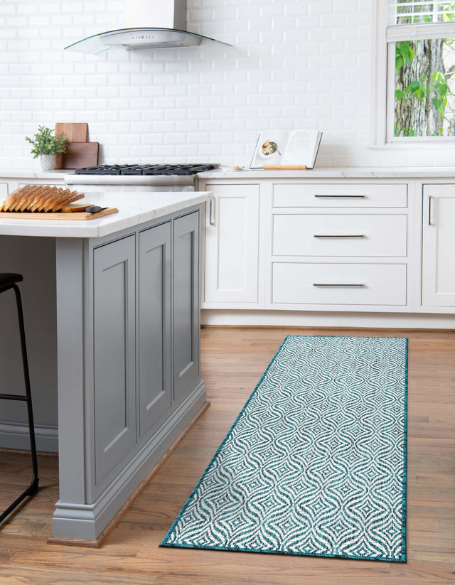 Teal 2' x 6' 1 Outdoor Trellis Runner Area Rug Weather Resistant for Patio, Deck, Terrace, Balcony, Porch Geometric Design Water Safe Outside Carpet for Sale at Rug Engine