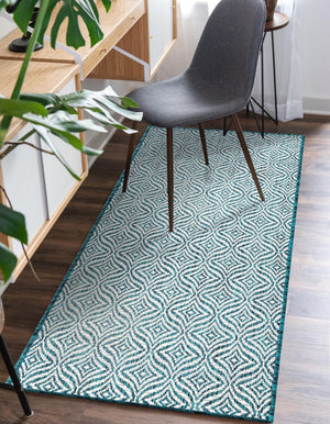 Teal 2' x 6' 1 Outdoor Trellis Runner Area Rug Weather Resistant for Patio, Deck, Terrace, Balcony, Porch Geometric Design Water Safe Outside Carpet for Sale at Rug Engine