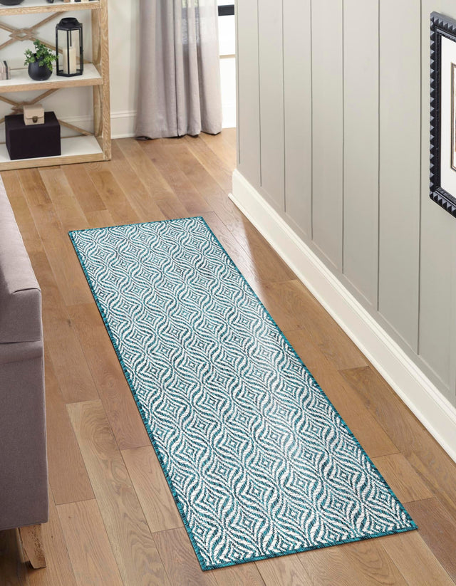 Teal 2' x 6' 1 Outdoor Trellis Runner Area Rug Weather Resistant for Patio, Deck, Terrace, Balcony, Porch Geometric Design Water Safe Outside Carpet for Sale at Rug Engine