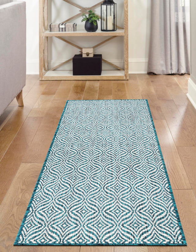 Teal 2' x 6' 1 Outdoor Trellis Runner Area Rug Weather Resistant for Patio, Deck, Terrace, Balcony, Porch Geometric Design Water Safe Outside Carpet for Sale at Rug Engine