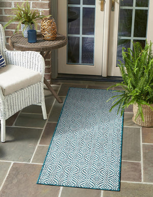 Teal 2' x 6' 1 Outdoor Trellis Runner Area Rug Weather Resistant for Patio, Deck, Terrace, Balcony, Porch Geometric Design Water Safe Outside Carpet for Sale at Rug Engine