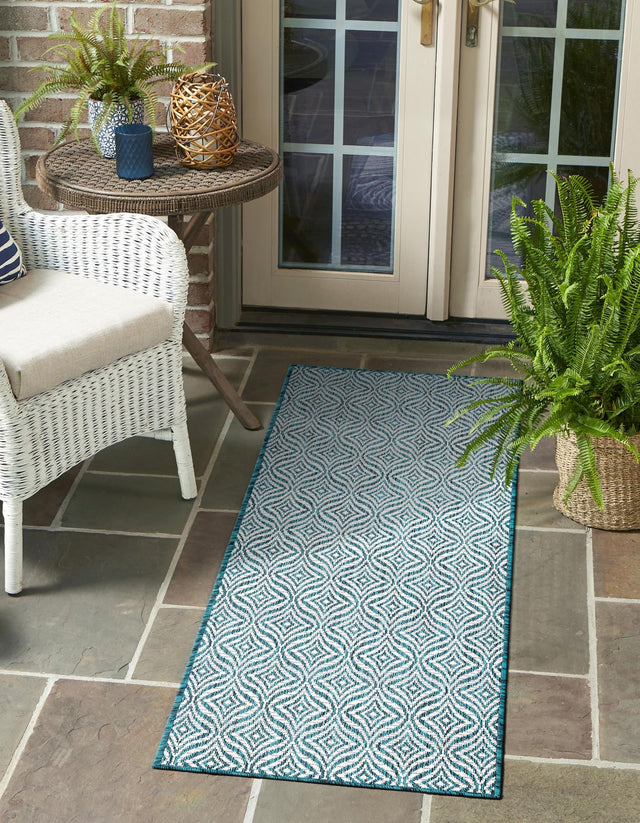 Teal 2' x 6' 1 Outdoor Trellis Runner Area Rug Weather Resistant for Patio, Deck, Terrace, Balcony, Porch Geometric Design Water Safe Outside Carpet for Sale at Rug Engine