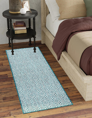 Teal 2' x 6' 1 Outdoor Trellis Runner Area Rug Weather Resistant for Patio, Deck, Terrace, Balcony, Porch Geometric Design Water Safe Outside Carpet for Sale at Rug Engine