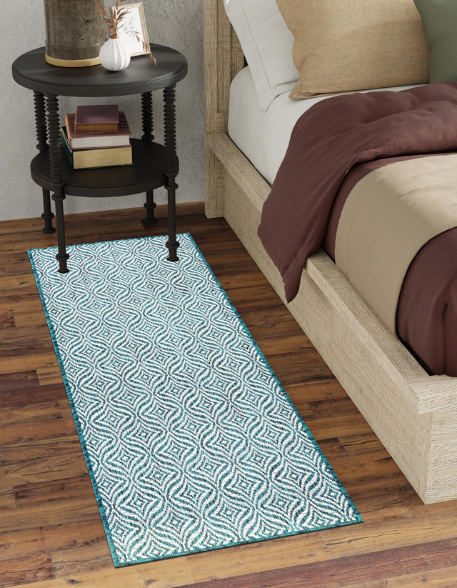 Teal 2' x 6' 1 Outdoor Trellis Runner Area Rug Weather Resistant for Patio, Deck, Terrace, Balcony, Porch Geometric Design Water Safe Outside Carpet for Sale at Rug Engine