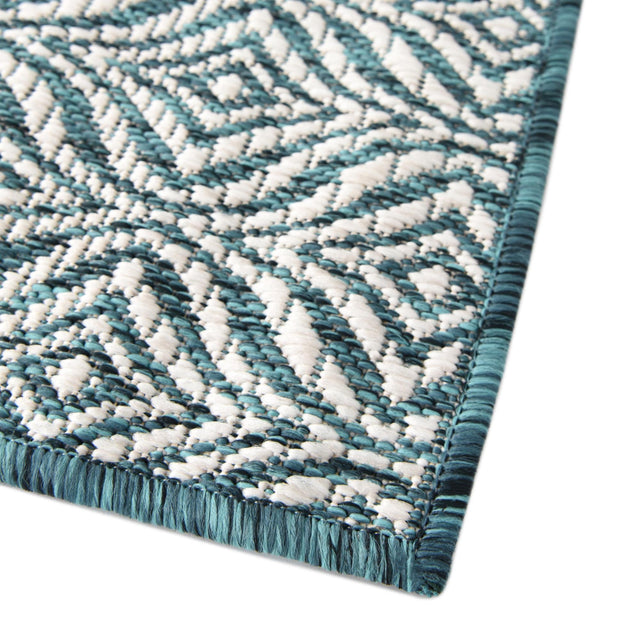 Teal 2' x 6' 1 Outdoor Trellis Runner Area Rug Weather Resistant for Patio, Deck, Terrace, Balcony, Porch Geometric Design Water Safe Outside Carpet for Sale at Rug Engine