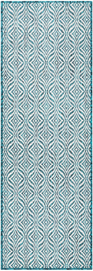 Teal 2' x 6' 1 Outdoor Trellis Runner Area Rug Weather Resistant for Patio, Deck, Terrace, Balcony, Porch Geometric Design Water Safe Outside Carpet for Sale at Rug Engine