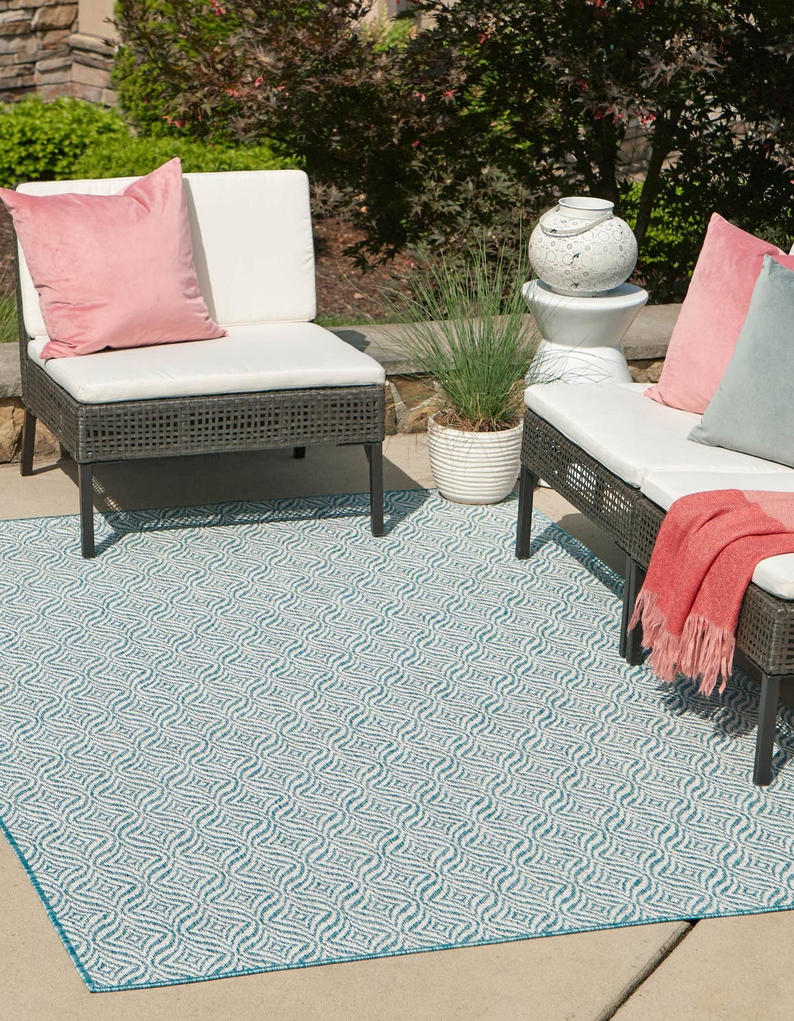 Aqua 7' 1 x 10' Outdoor Trellis Rectangle Area Rug Weather Resistant for Patio, Deck, Terrace, Balcony, Porch Geometric Design Water Safe Outside Carpet for Sale at Rug Engine
