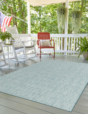 Aqua 5' 3 x 8' Outdoor Trellis Rectangle Area Rug Weather Resistant for Patio, Deck, Terrace, Balcony, Porch Geometric Design Water Safe Outside Carpet for Sale at Rug Engine