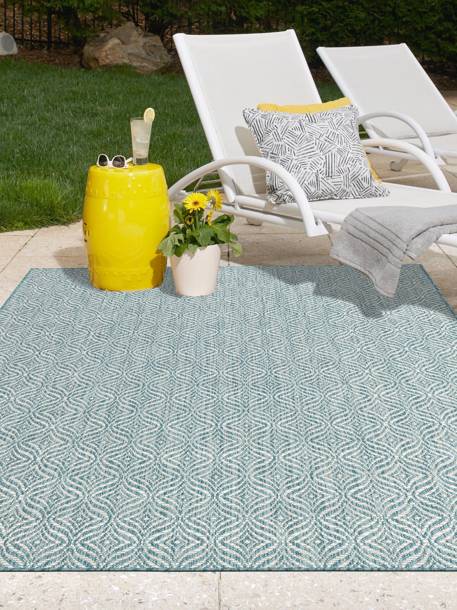 Aqua 7' 1 x 10' Outdoor Trellis Rectangle Area Rug Weather Resistant for Patio, Deck, Terrace, Balcony, Porch Geometric Design Water Safe Outside Carpet for Sale at Rug Engine
