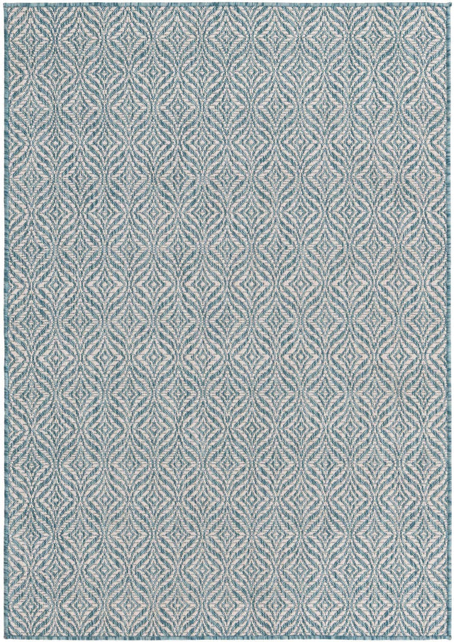 Aqua 4' 1 x 6' 1 Outdoor Trellis Rectangle Area Rug Weather Resistant for Patio, Deck, Terrace, Balcony, Porch Geometric Design Water Safe Outside Carpet for Sale at Rug Engine