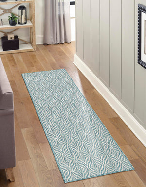 Aqua 2' x 6' 1 Outdoor Trellis Runner Area Rug Weather Resistant for Patio, Deck, Terrace, Balcony, Porch Geometric Design Water Safe Outside Carpet for Sale at Rug Engine