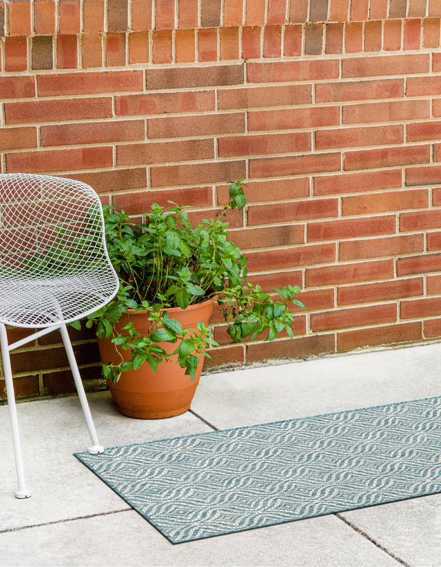 Aqua 2' x 6' 1 Outdoor Trellis Runner Area Rug Weather Resistant for Patio, Deck, Terrace, Balcony, Porch Geometric Design Water Safe Outside Carpet for Sale at Rug Engine