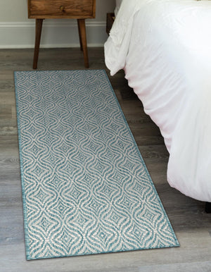 Aqua 2' x 6' 1 Outdoor Trellis Runner Area Rug Weather Resistant for Patio, Deck, Terrace, Balcony, Porch Geometric Design Water Safe Outside Carpet for Sale at Rug Engine