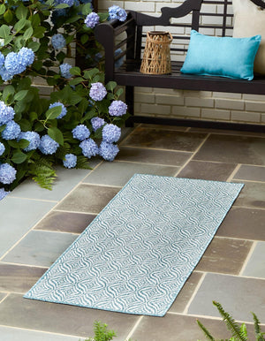Aqua 2' x 6' 1 Outdoor Trellis Runner Area Rug Weather Resistant for Patio, Deck, Terrace, Balcony, Porch Geometric Design Water Safe Outside Carpet for Sale at Rug Engine