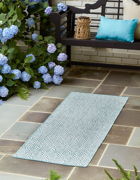 Aqua 2' x 6' 1 Outdoor Trellis Runner Area Rug Weather Resistant for Patio, Deck, Terrace, Balcony, Porch Geometric Design Water Safe Outside Carpet for Sale at Rug Engine