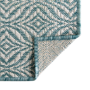 Aqua 2' x 6' 1 Outdoor Trellis Runner Area Rug Weather Resistant for Patio, Deck, Terrace, Balcony, Porch Geometric Design Water Safe Outside Carpet for Sale at Rug Engine