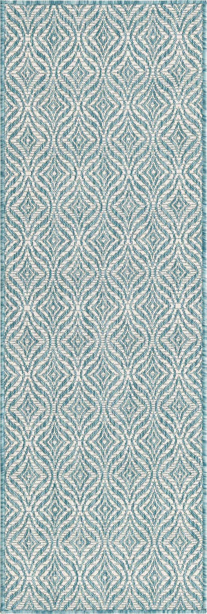 Aqua 2' x 6' 1 Outdoor Trellis Runner Area Rug Weather Resistant for Patio, Deck, Terrace, Balcony, Porch Geometric Design Water Safe Outside Carpet for Sale at Rug Engine