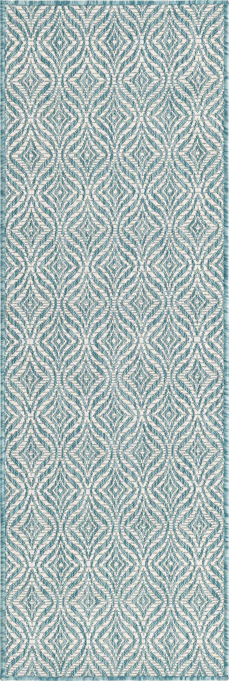 Aqua 2' x 6' 1 Outdoor Trellis Runner Area Rug Weather Resistant for Patio, Deck, Terrace, Balcony, Porch Geometric Design Water Safe Outside Carpet for Sale at Rug Engine