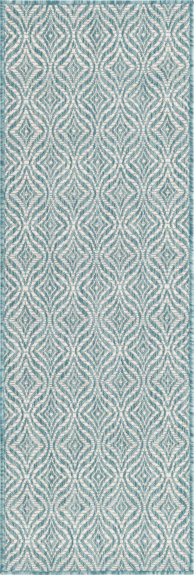 Aqua 2' x 6' 1 Outdoor Trellis Runner Area Rug Weather Resistant for Patio, Deck, Terrace, Balcony, Porch Geometric Design Water Safe Outside Carpet for Sale at Rug Engine