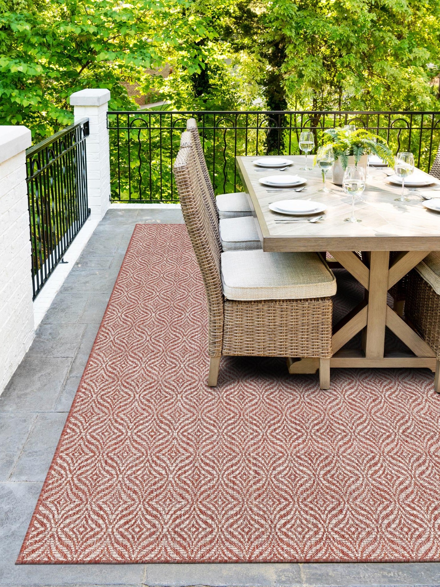 Rust Red 9' x 12' Outdoor Trellis Rectangle Area Rug Weather Resistant for Patio, Deck, Terrace, Balcony, Porch Geometric Design Water Safe Outside Carpet for Sale at Rug Engine
