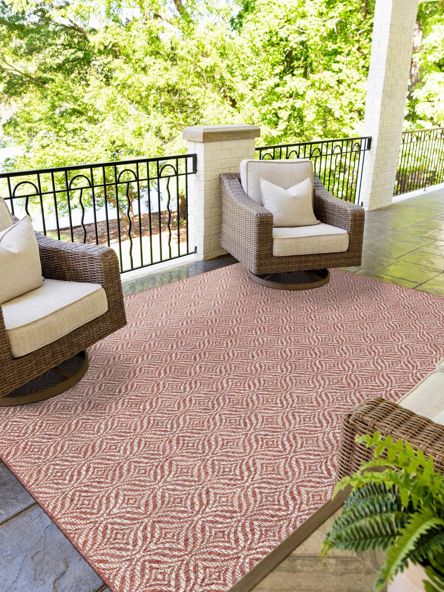 Rust Red 9' x 12' Outdoor Trellis Rectangle Area Rug Weather Resistant for Patio, Deck, Terrace, Balcony, Porch Geometric Design Water Safe Outside Carpet for Sale at Rug Engine