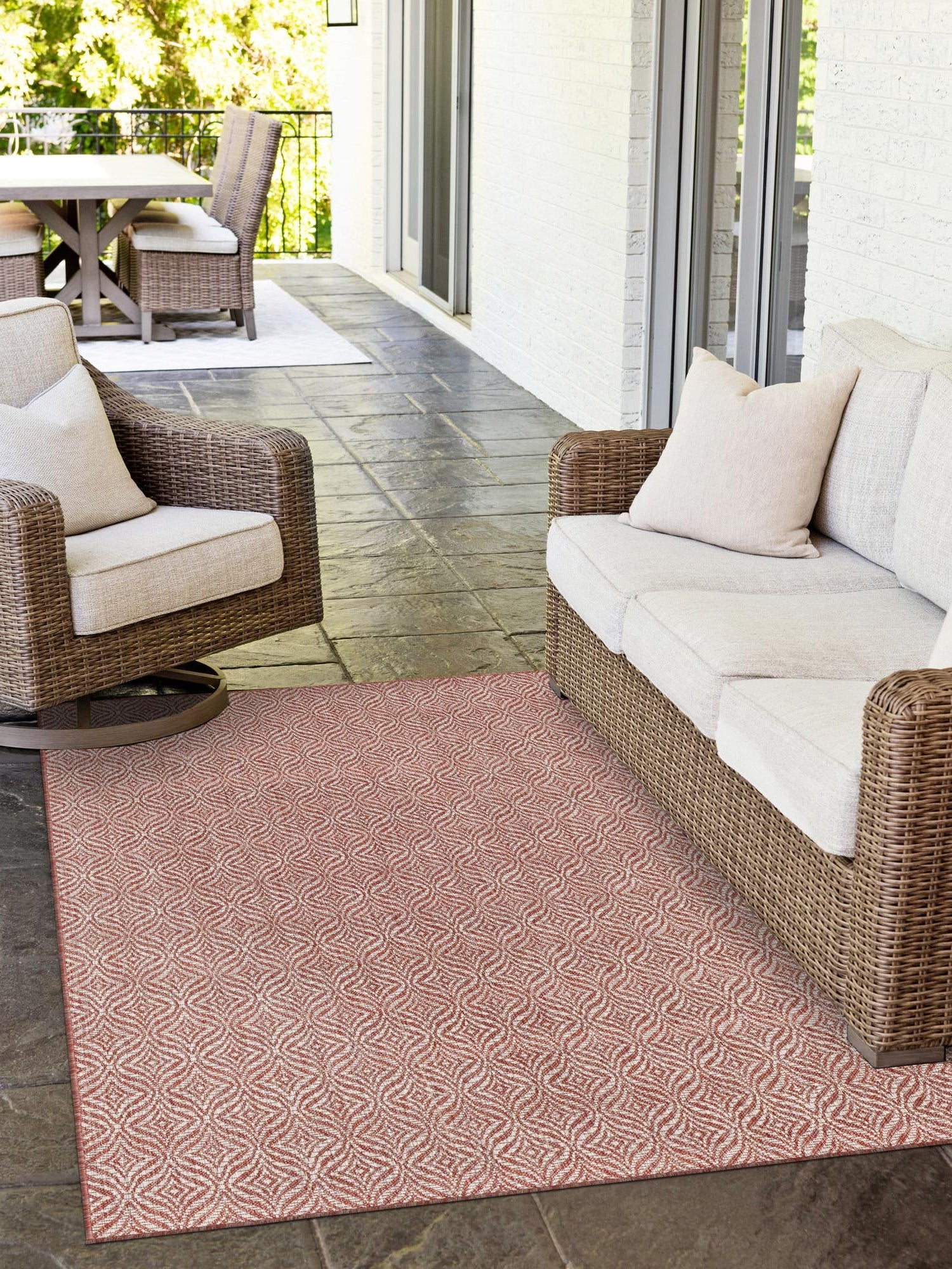 Rust Red 7' 10 x 11' Outdoor Trellis Rectangle Area Rug Weather Resistant for Patio, Deck, Terrace, Balcony, Porch Geometric Design Water Safe Outside Carpet for Sale at Rug Engine