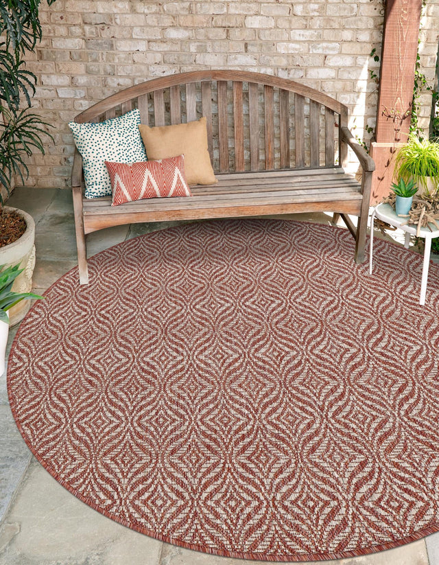 Rust Red 4' 1 x 4' 1 Outdoor Trellis Round Area Rug Weather Resistant for Patio, Deck, Terrace, Balcony, Porch Geometric Design Water Safe Outside Carpet for Sale at Rug Engine