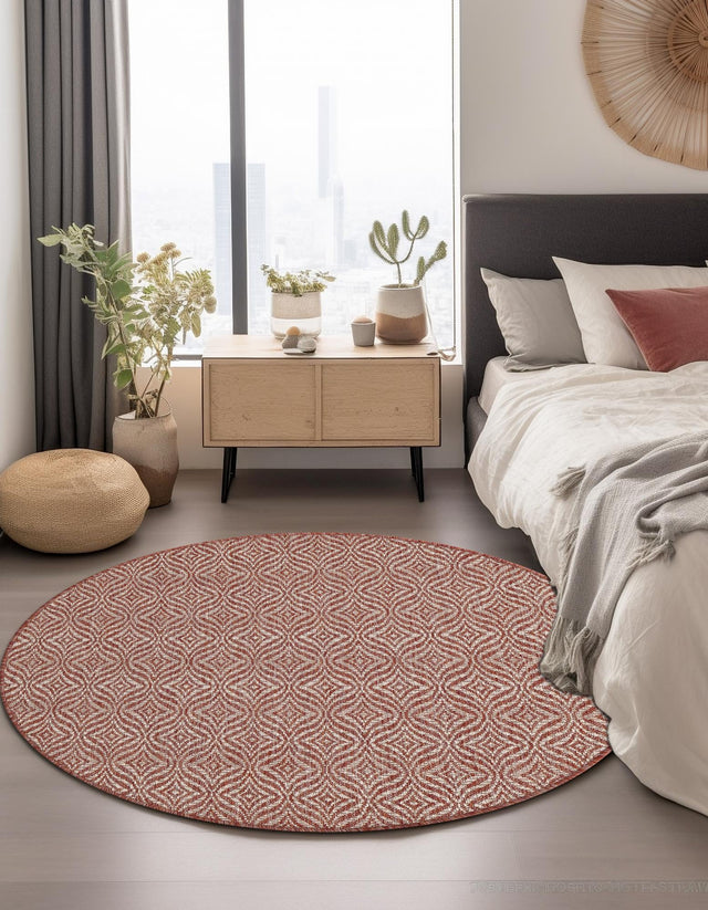 Rust Red 4' 1 x 4' 1 Outdoor Trellis Round Area Rug Weather Resistant for Patio, Deck, Terrace, Balcony, Porch Geometric Design Water Safe Outside Carpet for Sale at Rug Engine