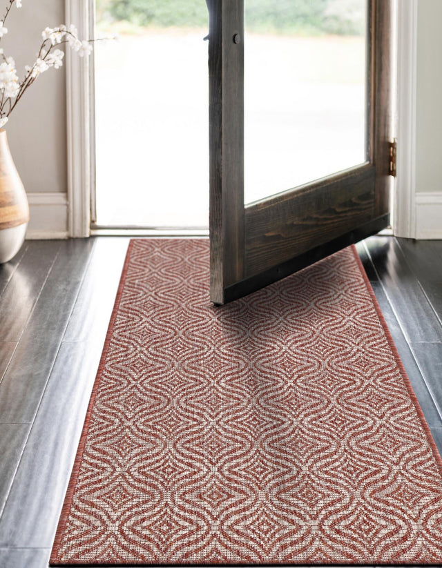 Rust Red 2' x 6' 1 Outdoor Trellis Runner Area Rug Weather Resistant for Patio, Deck, Terrace, Balcony, Porch Geometric Design Water Safe Outside Carpet for Sale at Rug Engine