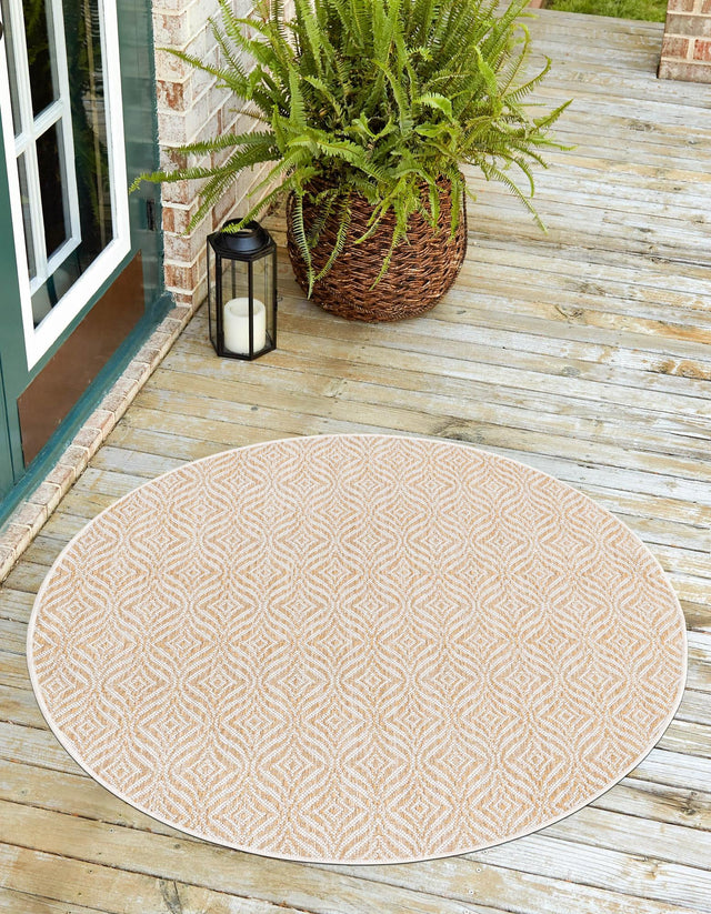 Taupe 4' 1 x 4' 1 Outdoor Trellis Round Area Rug Weather Resistant for Patio, Deck, Terrace, Balcony, Porch Geometric Design Water Safe Outside Carpet for Sale at Rug Engine