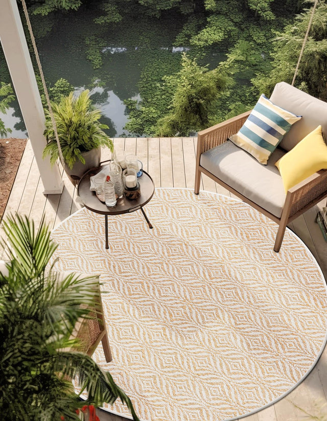 Taupe 4' 1 x 4' 1 Outdoor Trellis Round Area Rug Weather Resistant for Patio, Deck, Terrace, Balcony, Porch Geometric Design Water Safe Outside Carpet for Sale at Rug Engine