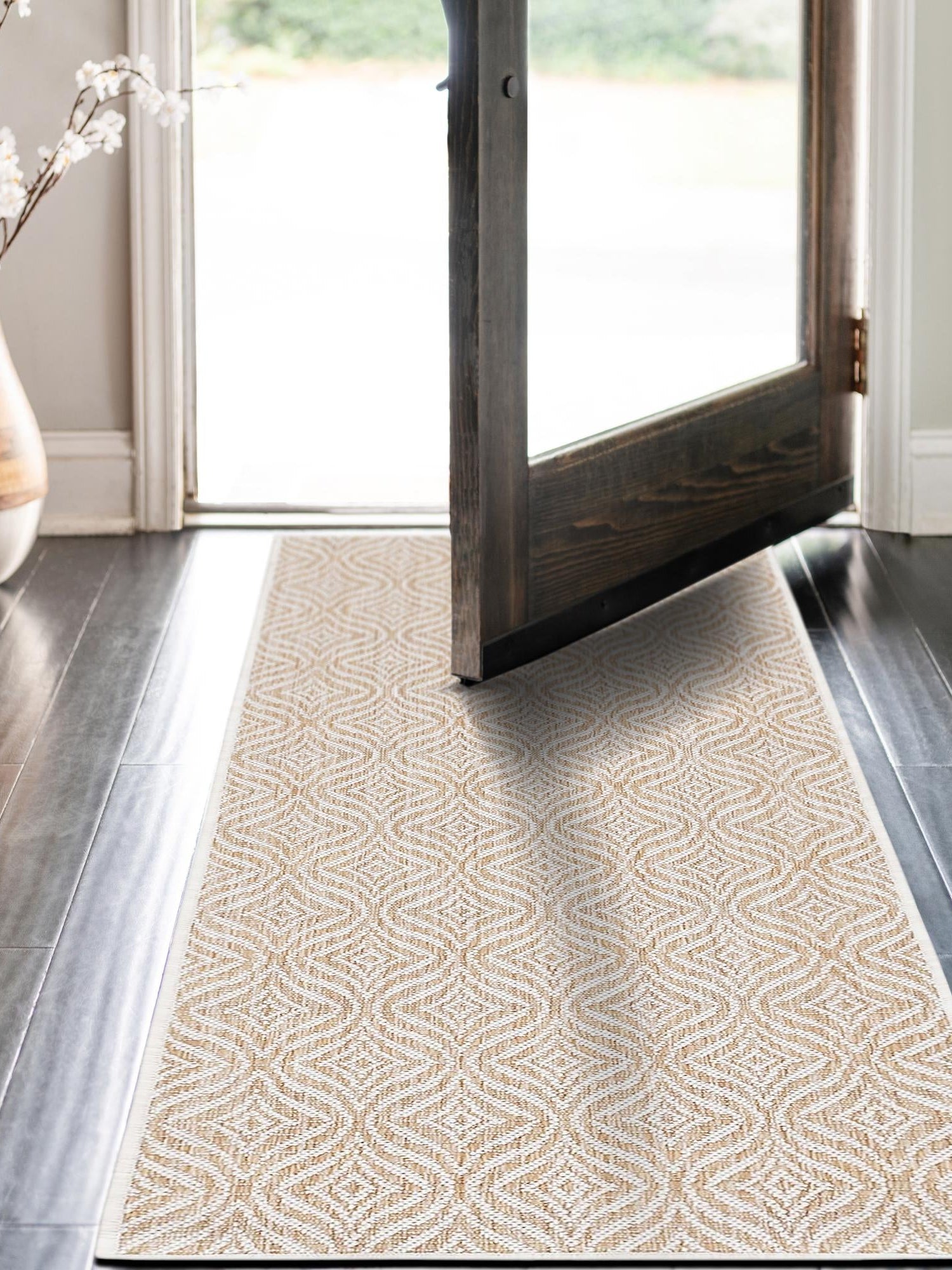 Taupe 2' x 6' 1 Outdoor Trellis Runner Area Rug Weather Resistant for Patio, Deck, Terrace, Balcony, Porch Geometric Design Water Safe Outside Carpet for Sale at Rug Engine