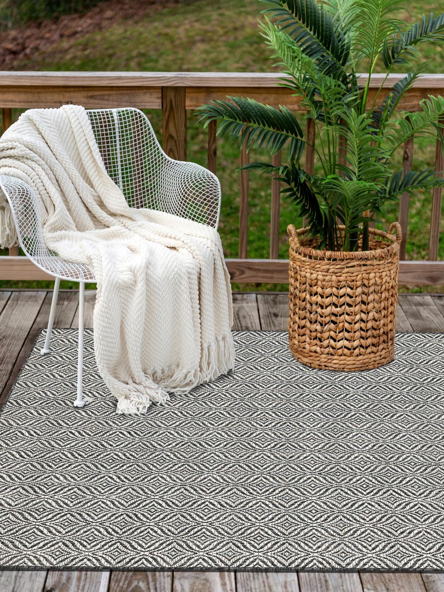 Charcoal 7' 10 x 11' Outdoor Trellis Rectangle Area Rug Weather Resistant for Patio, Deck, Terrace, Balcony, Porch Geometric Design Water Safe Outside Carpet for Sale at Rug Engine