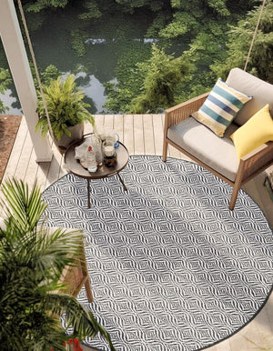 Charcoal 5' 3 x 5' 3 Outdoor Trellis Round Area Rug Weather Resistant for Patio, Deck, Terrace, Balcony, Porch Geometric Design Water Safe Outside Carpet for Sale at Rug Engine